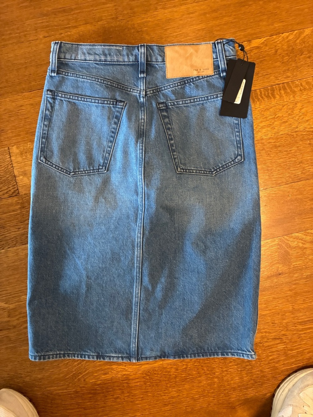 rag & bone light blue denim skirt with leather patch